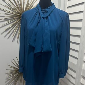 Tie-Neck Long Sleeve Blouse in Teal